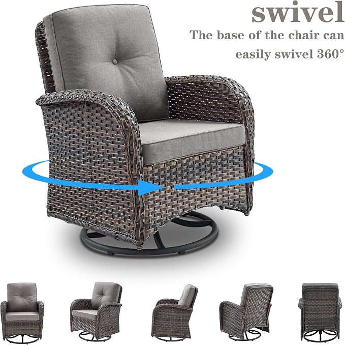 Belord Patio Furniture Swivel Glider PE Wicker Chairs, Outdoor Swivel Rocker Seating with Cushions for Porch Deck Balcony, Brown/Gray