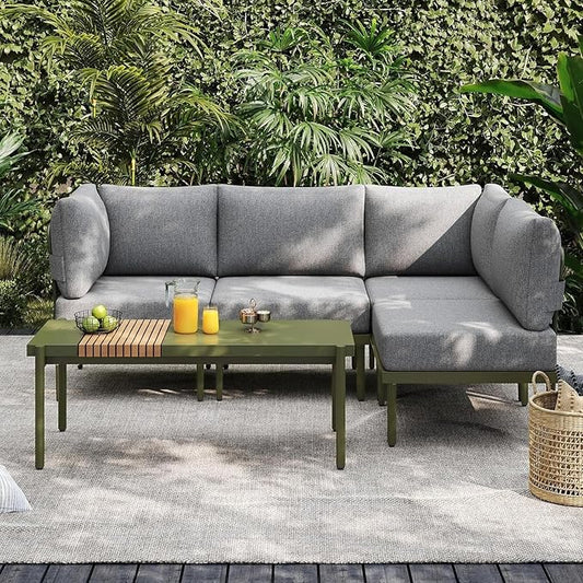 Sundale Outdoor 5 Pieces Patio Furniture Set, Metal Sectional Sofa Patio Conversation Set with Coffee Table, Modern Patio Corner Couch for Balcony, Porch, Sunroom (Grey/Green)