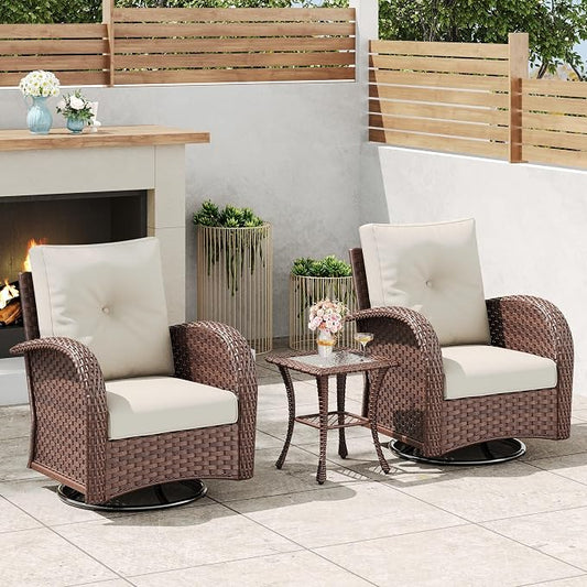 3 Pieces Outdoor Wicker Patio Swivel Rocking Chairs, All Weather Wicker Conversation Set with Side Table