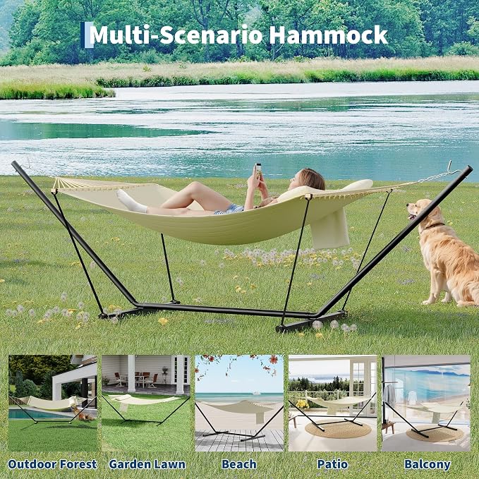GarveeLife Outdoor Double Hammock with Heavy Duty Adjustable Steel Stand, Portable 2 Person Hammock for Patio Garden Beach Backyard