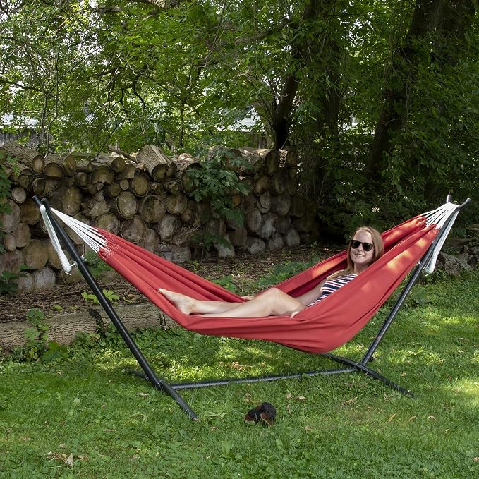 Vivere Double Sunbrella Hammock with Space-Saving Steel Stand, Heavy-Duty Portable Outdoor Hammock Set for Backyard, Patio, or Travel, Crimson