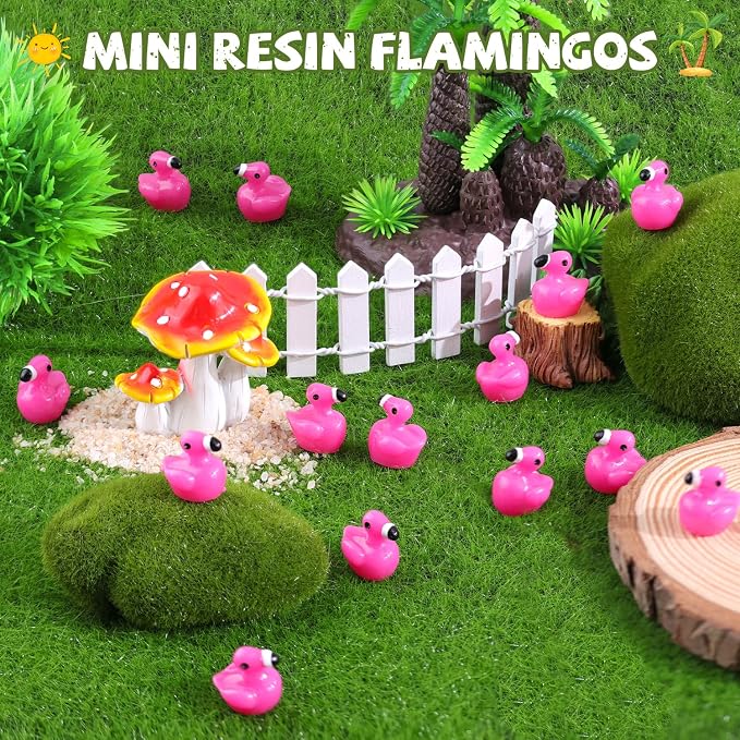 110PCS Mini Resin Animals Cute Rose Pink Tiny Flamingo Ducks, Miniature Figures to Hide, Small Animal Accessories Bulk for Topper Garden Dollhouse Landscape Aquarium Ornaments DIY Crafts & Decor