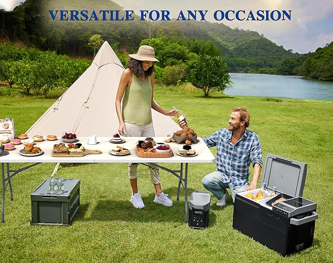 8FT White Folding Table for Outdoor, 8 Foot Picnic Tables No Assembly Required Portable, White Foldable Table for Camping, Parties, Meeting, Events, Wedding, BBQ, with Carrying Handle