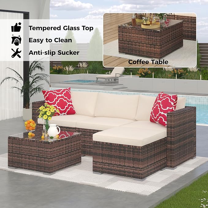 5 Piece Patio Furniture Set, PE Wicker Modern Patio Conversation Set, Outdoor Furniture Set with Glass Coffee Table for Garden, Poolside, Backyard, Brown & Beige