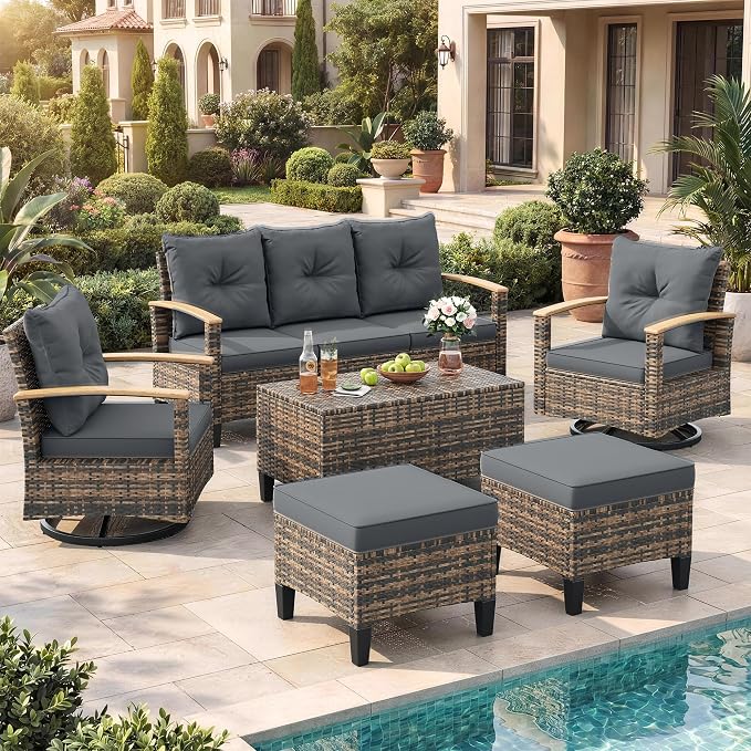 UDPATIO Patio Furniture Set with Swivel Chairs, 6 Pieces Outdoor Wicker Conversation Set with Storage Table for Lawn, Porch, Garden, Backyard, Grey