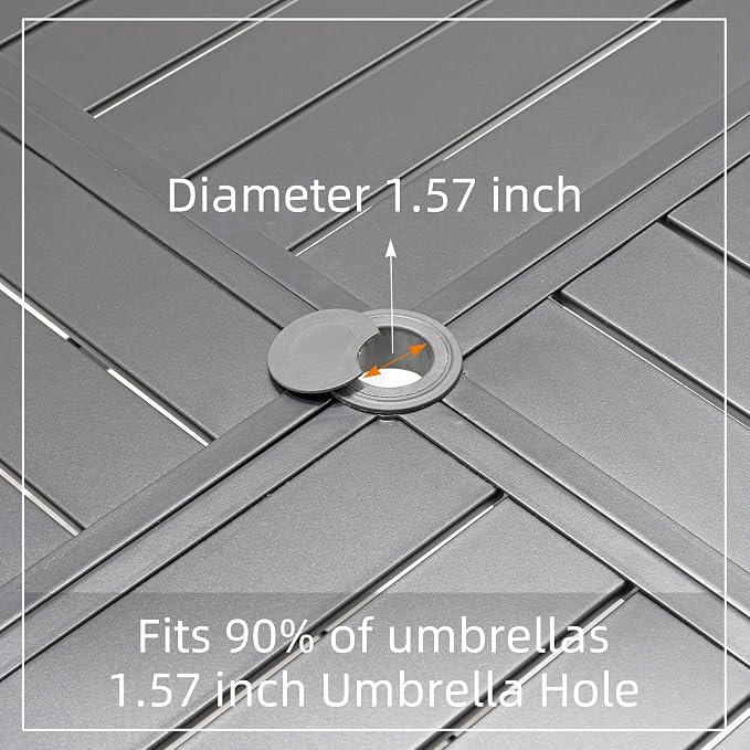 59" 8 Person Large Square Outdoor Patio Table with All Weather Metal Frame | 59 in Square Table, Slat Table Top, Black, Metal Top and Frame, 1.57"-1.9" Adjustable Umbrella Hole, 8 Person, All Weather