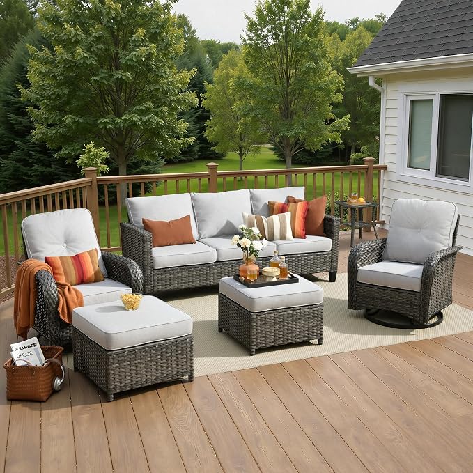 6 Piece Wicker Patio Furniture with Swivel Rocker Chair, Gray | High Back Swivel Rocker Chairs, Outdoor Sofa Ottoman, Heavy Duty, All Weather Rattan Modern Conversation Sets, Deck Backyard
