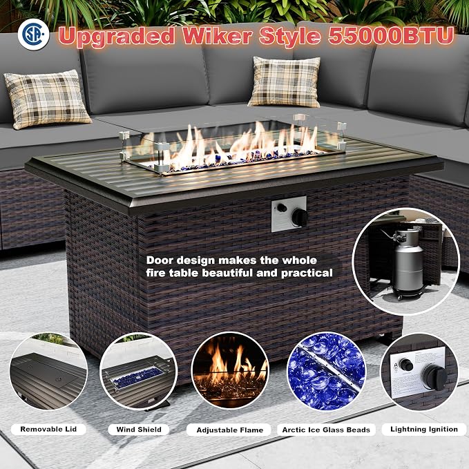 Outdoor Patio Furniture Set with Gas Fire Pit Table, 7 Pieces Patio Furniture Set Outdoor Sectional Sofa w/43in Propane Fire Pit, PE Wicker Rattan Patio Conversation Sets -Grey