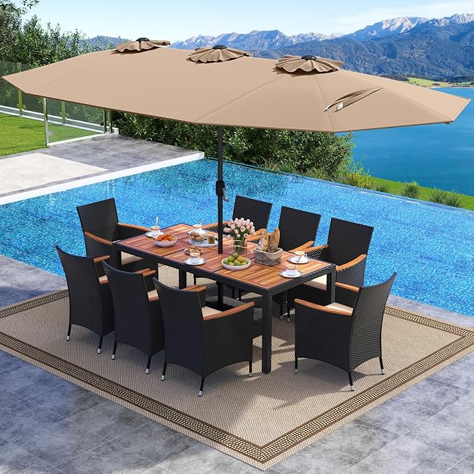 Tangkula 11 Piece Patio Wicker Dining Set w/Double-Sided Patio Umbrella, 8 Stackable Cushioned Chairs, 71" Acacia Wood Dining Table & 15 ft Umbrella with Weighted Base (Coffee+Off White)