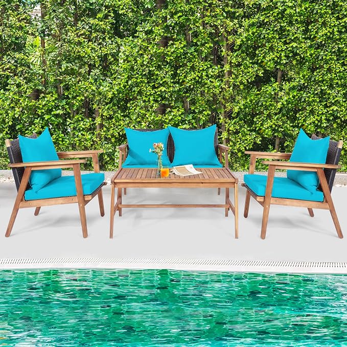 Tangkula 8-Piece Patio Furniture Set, Outdoor Acacia Wood Conversation Set with Cushions and Coffee Table, Outdoor PE Wicker Sectional Sofa Set for Garden, Poolside and Backyard (2, Turquoise)