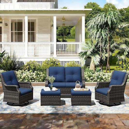 Outdoor Patio Furniture Set, 5 Piece Wicker Patio Furniture with Thick Cushions, Curved Armrest, Deep Seating, Outdoor Swivel Rocker Chairs for Porch, Deck, Balcony