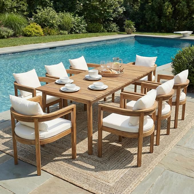 Christopher Knight Home Abaco Outdoor Acacia Wood Dining Table Set for 8, Outdoor Dining Set, Patio Table and Dining Chairs Set of 8 with Cushions, 9 Pieces Patio Set with Cushions, Beige and Teak