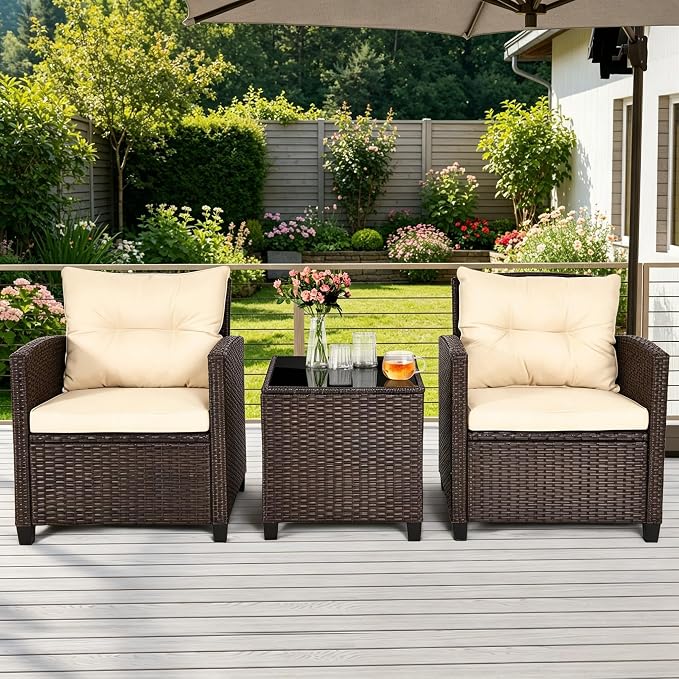 ORALNER 3 Pieces Patio Furniture Set, Outdoor Wicker Conversation Set Rattan Chairs with Cushions, Glass Coffee Table, Bistro Set for Front Porch Balcony Garden Deck Poolside (Beige)