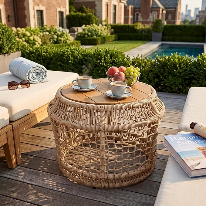Outdoor Side Table with Light Beige Rope Frame, Patio Side Tables for Outside, Round Acacia Wood Outdoor End Table for Poolside Backyard Gazebo,No Assembly Required