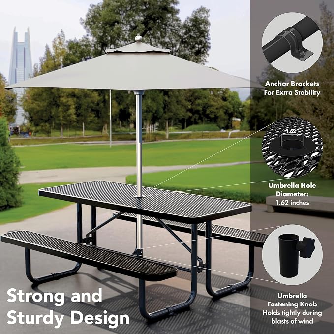 Commercial Heavy-Duty Metal Picnic Table - ADA Compliant, Adjustable Seats, Umbrella Hole, Expanded Metal (Black, 6' Rectangular)