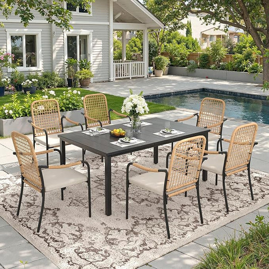 DIFY 7 Pieces Outdoor Dining Set, Metal Patio Table and Chairs Set for 6, 63" Rectangle Dining Table with Umbrella Hole & Wicker Stackable Patio Chairs with Cushions, Black Tabletop
