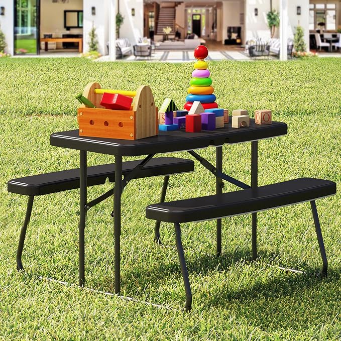 DWVO 37" Picnic Table, Folding Picnic Tables for Outdoors with Weather Resistant Resin Tabletop & Stable Steel Frame for Yard Patio Lawn Party, Black