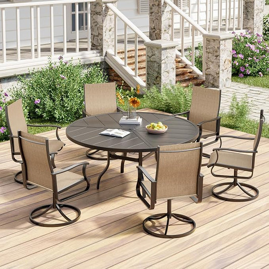 UDPATIO 7 Piece Outdoor Patio Table and Chairs Set with 51" Round Table & 6 Outdoor Swivel Rocker Chairs with High Back & Metal Frame, Patio Table with Chairs, Outdoor Patio Dining Set for Lawn