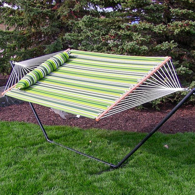 Sunnydaze Quilted Double Hammock for Outside with Spreader Bars and Pillow - 450 lb Capacity, 74x55 Inch Bed, UV Resistant, Quick Dry - Chains Included, Stand Sold Separately - Melon Stripe