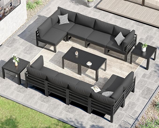 NICESOUL 14 Piece Oversized Modern Aluminum Outdoor Patio Furniture Set with Coffee Table, 29" Wide Deep L-Shaped Sectional Sofa, 500lbs Heavy Duty Comfortable Poolside Conversation Set, Dark Gray