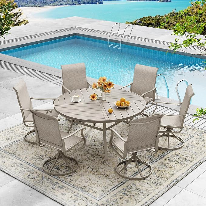 DIFY 50" Round Outdoor Patio Dining Table for 6, All-Weather Metal Steel Slatted Patio Table with 1.57" Adjustable Umbrella Hole, for Lawn Garden Porch Backyard, Sandshell