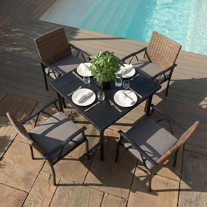 5-Piece Patio Dining Set for 4, Outdoor Dining Set with 4 Wicker Patio Dining Chairs with Cushions & 1 Black Square Woodgrain Dining Table with 1.75" Market Umbrella Hole, Black & Brown