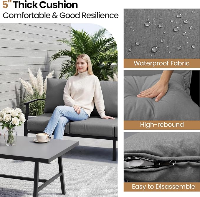 4 Piece Patio Furniture Set, Metal Outdoor Patio Furniture Set, All Weather Modern Couch Sofa with Comfortable Cushions & Coffee Table, Metal Conversation Set for Balcony, Porch, Deck (Gray)