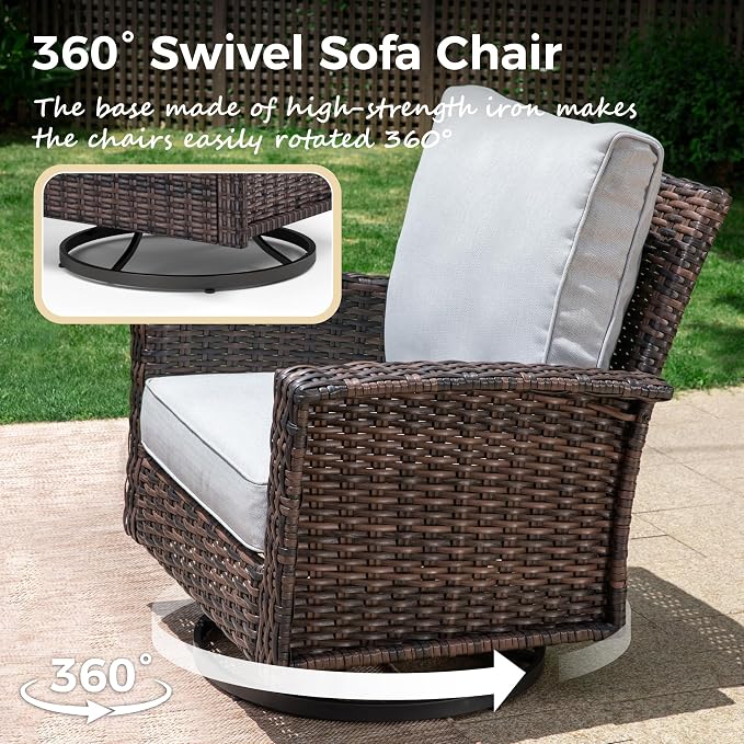 MIXPATIO Swivel Patio Wicker Chairs Set of 2, High Back Outdoor Swivel Patio Rattan Chairs with 5.5" Thick Cushions for Bistro Balcony Porch Deck and Yard, Light Grey