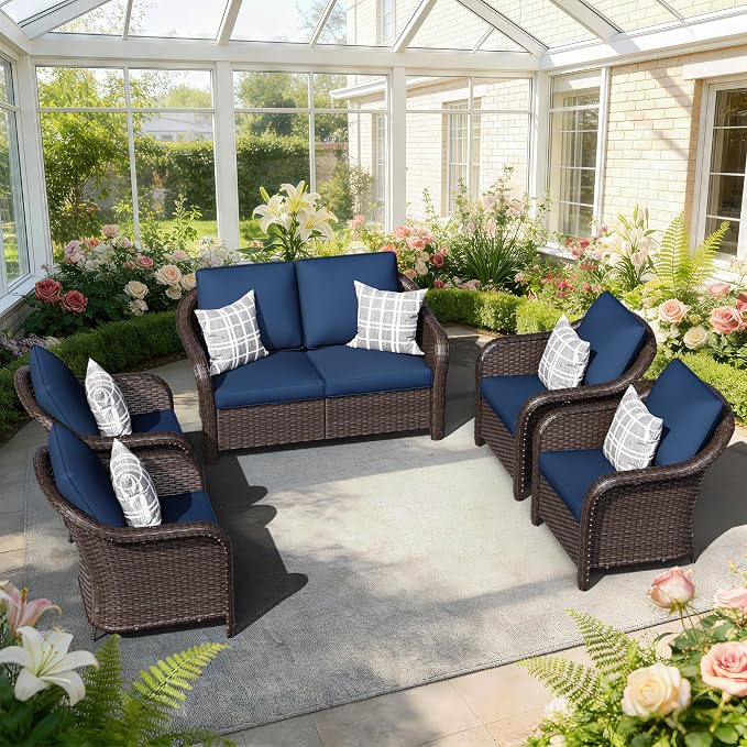 5 PCS Outdoor Conversation Set | 55" Couch, 4 Chairs, Patio Wicker Conversation Furniture with Removable Cushions for Bistro, Deck, Sunroom (Navy Blue)
