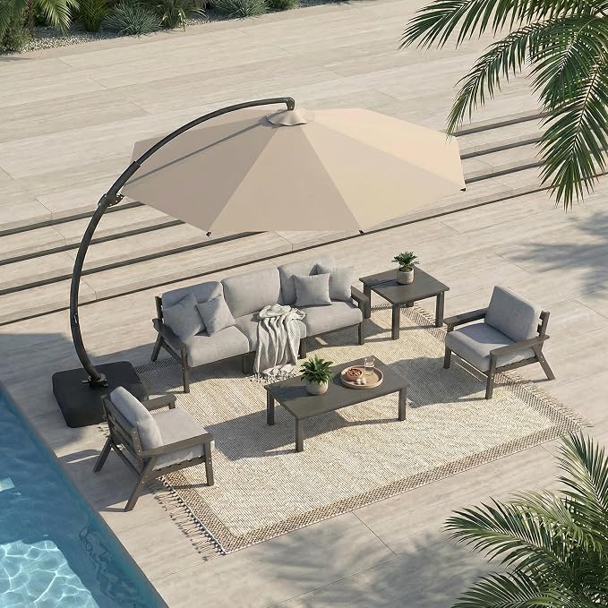 7 Piece Patio Conversation Sets, Outdoor Couch with Washable Thick Gray Cushions, HDPE Patio Furniture Set with 12FT Umbrella, Outdoor Sectional Furniture for Backyard (Grey Frame)