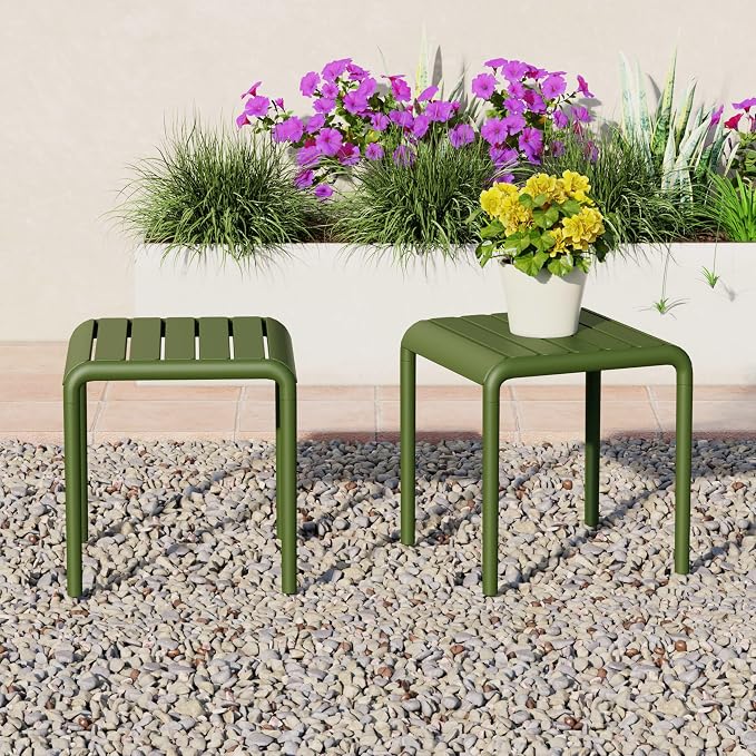 Costaelm Sunshine Plastic Modern Outdoor Patio Accent Side Tables (Set of 2), Olive Green