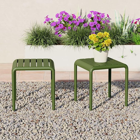 Costaelm Sunshine Plastic Modern Outdoor Patio Accent Side Tables (Set of 2), Olive Green