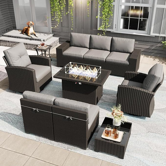LayinSun 10 Pieces Patio Furniture Set with Fire Pit Table, Black Rattan Modular Sectional Outdoor Conversation Sofa Set, Swivel Rocking Chairs Set