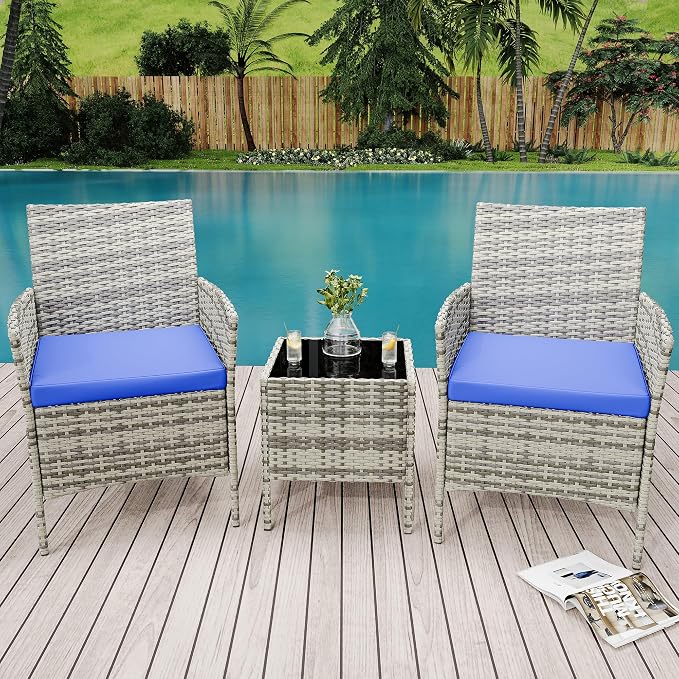 3 Piece Patio Furniture Set, Outdoor Patio Wicker Sofa Set with Upholstery and Glass Storage Coffee Table, All Weather Conversation Rattan Set for Garden, Porch, Lawn, Pool