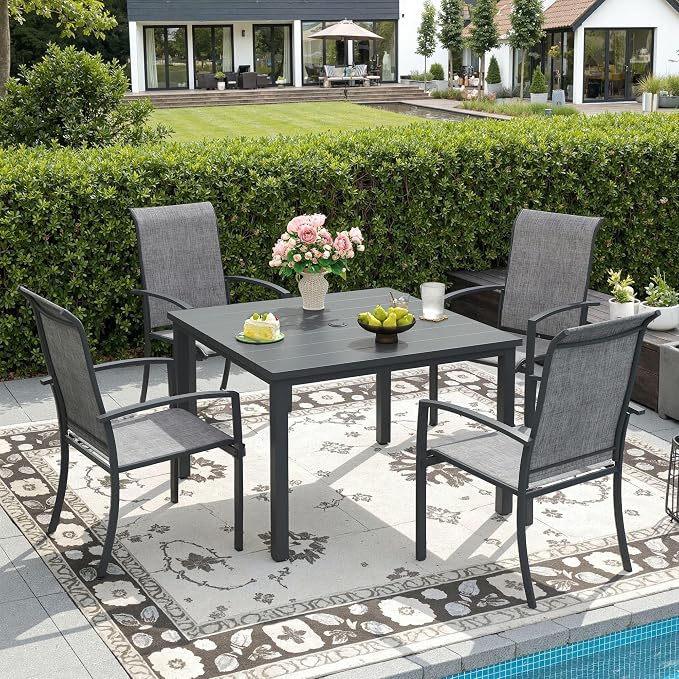 DIFY 5 Pieces Outdoor Dining Set, Metal Patio Table and Chairs Set for 4 with Umbrella Hole, 40.2" Square Dining Table and Textilene Stackable Patio Chairs for Garden Backyard Poolside, Grey