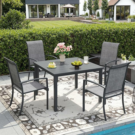 DIFY 5 Pieces Outdoor Dining Set, Metal Patio Table and Chairs Set for 4 with Umbrella Hole, 40.2" Square Dining Table and Textilene Stackable Patio Chairs for Garden Backyard Poolside, Grey