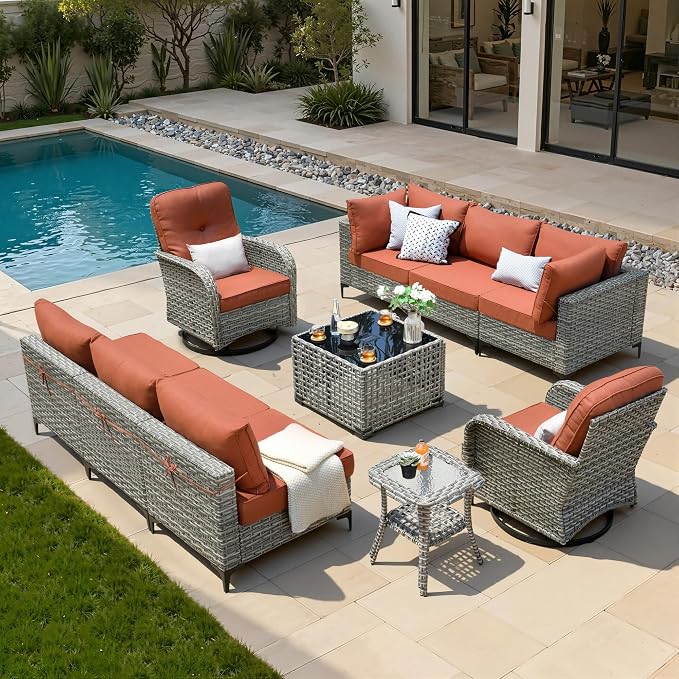 10 Pieces Patio Sectional Furniture Set, Outdoor Wicker Sectional Couch with High Back Swivel Rocker Chairs Solar Lights Table, Modern Conversation Set for Porch Balcony Backyard, Red