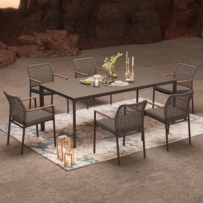 Modern Shade 7 Piece Luxury Outdoor Dining Set, Large Outdoor Table and Chairs with Fade Resistant Cushions & Teak Accents, Premium Aluminum Patio Table and Chairs Set for Outdoor Entertaining, Gray