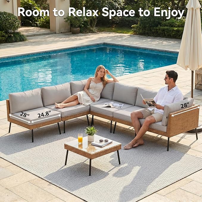Aoxun 7-Piece Patio Furniture Set, Wicker Outdoor Furniture with Water Resistant Thick Cushions, Patio Conversation Set Outdoor Sectional Sofa with Coffee Table for Backyard Poolside, Light Grey