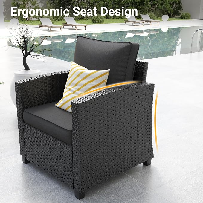 6 Pcs Patio Furniture Set with 44" Propane Gas Fire Pit Table, Rattan Outdoor Couch with Ottomans, 4" Thick Cushions for Backyard Garden Deck.Black