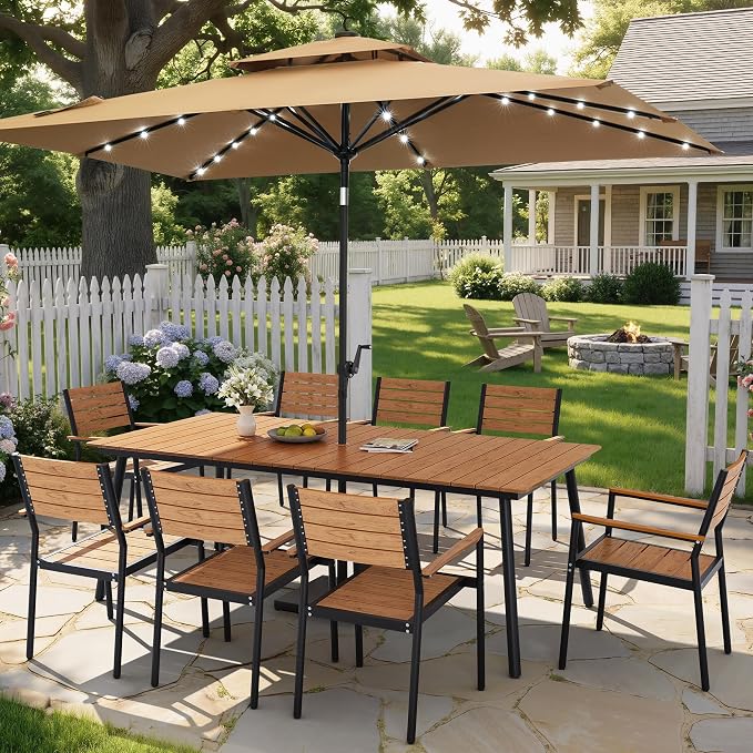 9-Piece Outdoor Dining Set for 8 Person with Teak Wood-Grain Top | Armrest Stackable Chairs with 19.4" Seat Depth, Aluminum Frame Dining Furniture with Umbrella Hole for Deck, Porch & Backyard