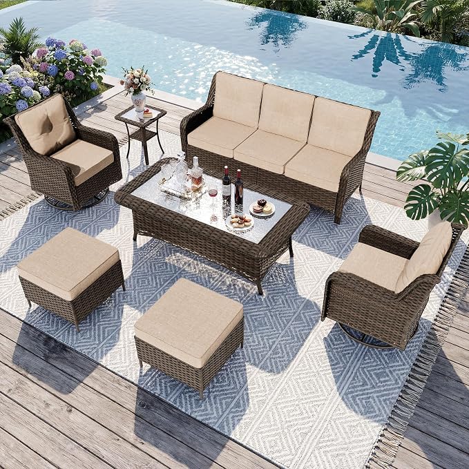 Gotland 7-Pcs Patio Conversation Set, Outdoor Thick Wicker Sectional Sofas with 2 Swivel Rocker Chairs, High Back Sectional Couch, Outdoor Furniture Set for Backyard, Deck, Porch, Khaki