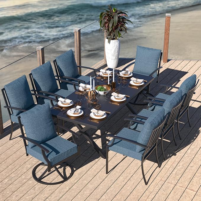 Kullavik 9 Pieces Outdoor Dining Set,Patio Dining Table and Chairs Set for 8,Fence Pattern Back Chairs with Thickened Cushions & Rectangular Metal Dining Table with Umbrella Hole for Patio,Navy Blue
