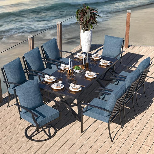 Kullavik 9 Pieces Outdoor Dining Set,Patio Dining Table and Chairs Set for 8,Fence Pattern Back Chairs with Thickened Cushions & Rectangular Metal Dining Table with Umbrella Hole for Patio,Navy Blue