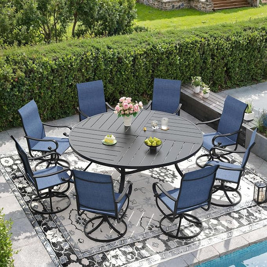 DIFY 9 Piece Outdoor Dining Set for 8, 59.8" Black Round Metal Dining Table with Umbrella Hole and Swivel Patio Chairs with Blue Textilene Fabric, Patio Table and Chairs Set for Garden Backyard Deck