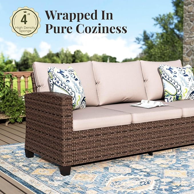 MIXPATIO Swivel Glider Patio Furniture Set, 5 Pcs Wicker Rattan Outdoor Conversation Set, 2 x Swivel Chairs, 1 x 3 Seater Sofa and 2 x Ottoman with 4" Thick Cushion, Beige
