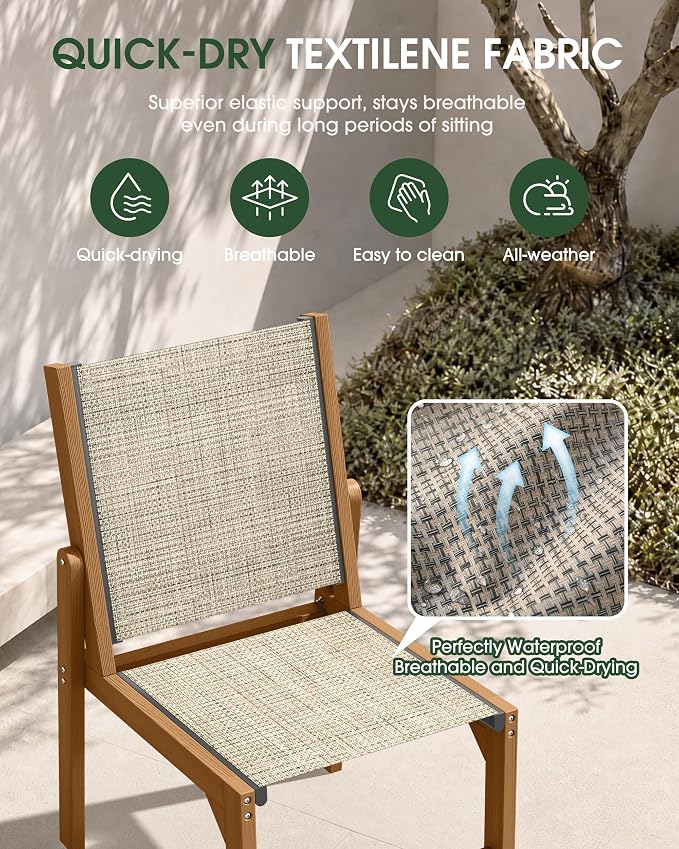 HDPE Outdoor Patio Dining Set with Table & 4 Stackable Armless Textilene Chairs, All-Weather 5-Piece Dining Table Set with Umbrella Hole, Patio Furniture for Garden, Poolside, Backyard, Deck | Teak