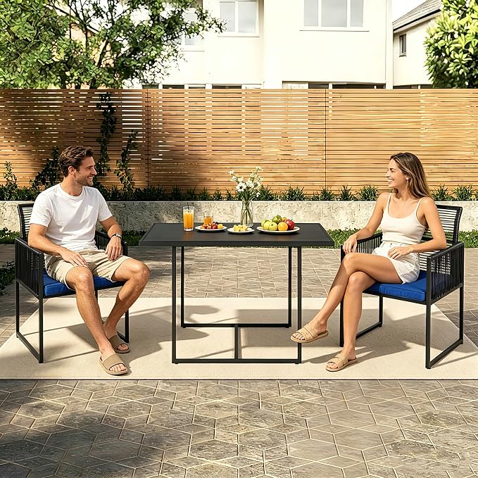 3PC Wicker Patio Dining Bistro Set for 2, All Weather Outdoor Use | Foldable Backrest, Cozy Cushions & Glass Tabletop, Space-Saving, Small Patio Set for Backyard, Balcony, Poolside, Black