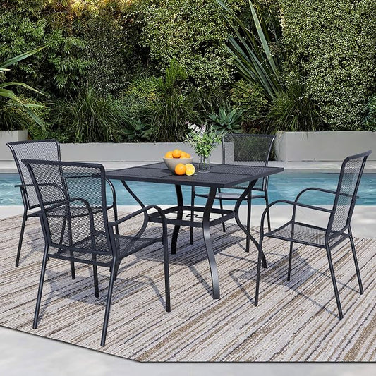 5 Piece Outdoor Dining Set, Patio Table and Chairs Set of 4, 37.5" Black Square Patio Table with 4 Metal Stackable Patio Chairs for Lawn, Garden, Porch