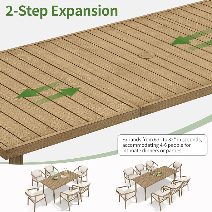 82"×35" Never-Rust Aluminum Outdoor Dining Table – Rectangular Patio Table for 8 Person with Umbrella Hole, Heavy Duty All-Weather for Poolside, Garden, Backyard, Porch, Deck, Teak